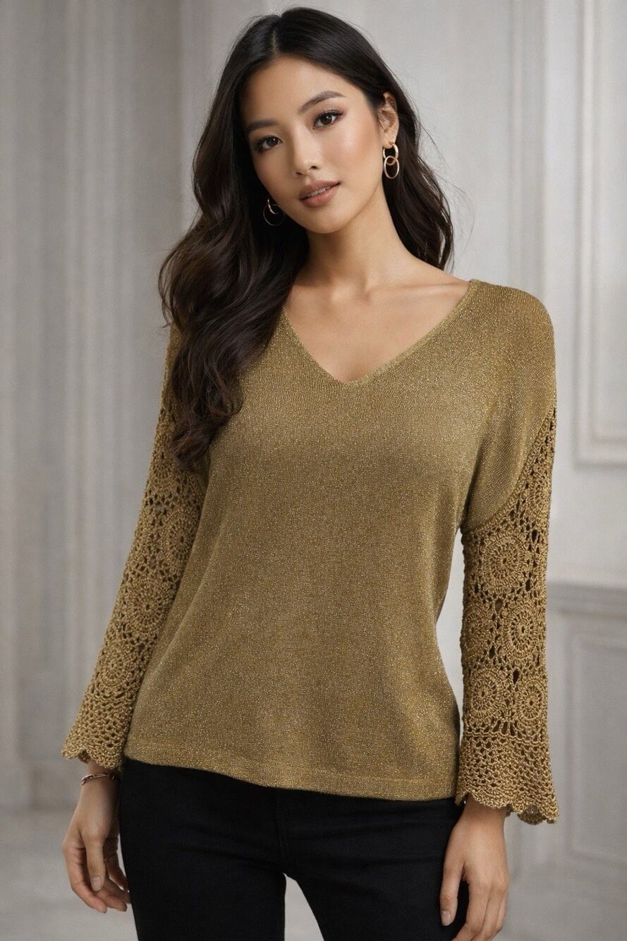 Joseph A Gold Shimmer Crochet Sleeve Top XL Boho Glam Metallic Knit Blouse